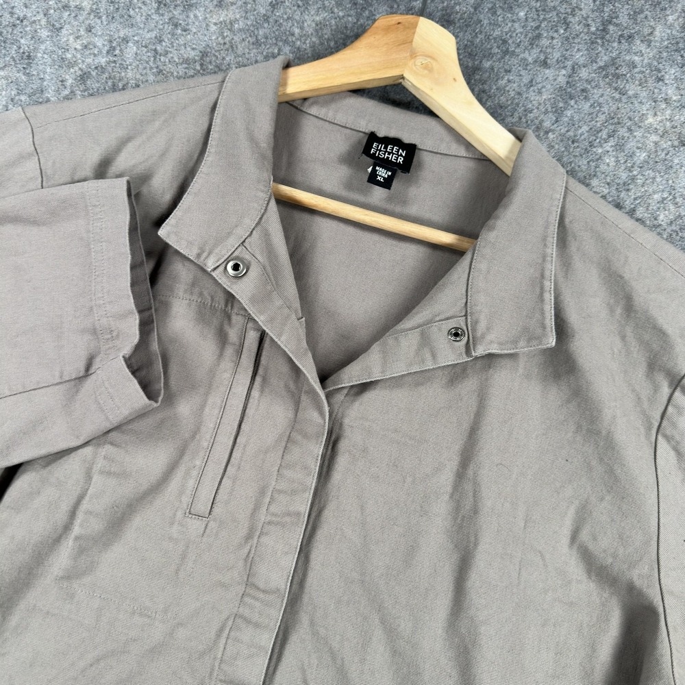 Eileen Fisher Jacket Womens XL Beige Cotton Stretch Twill Snap Boxy Pockets‎